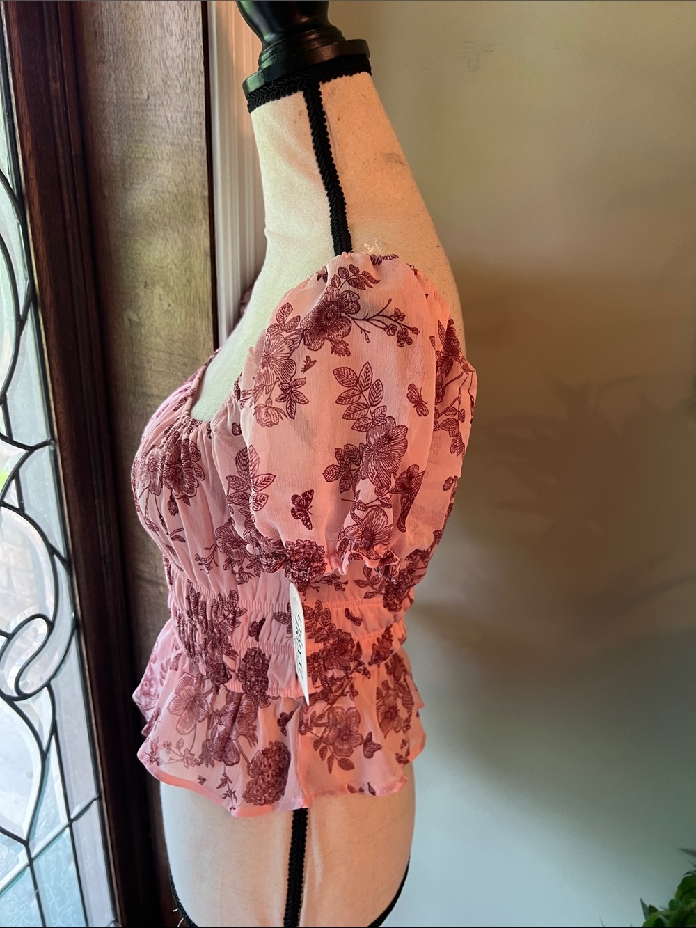 Trixxi Pink Floral Square-Neck Puff Sleeve Peplum Top - Picture 3 of 6